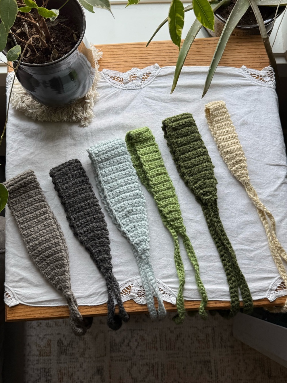 Handmade Crocheted Tie Headband in Light Green